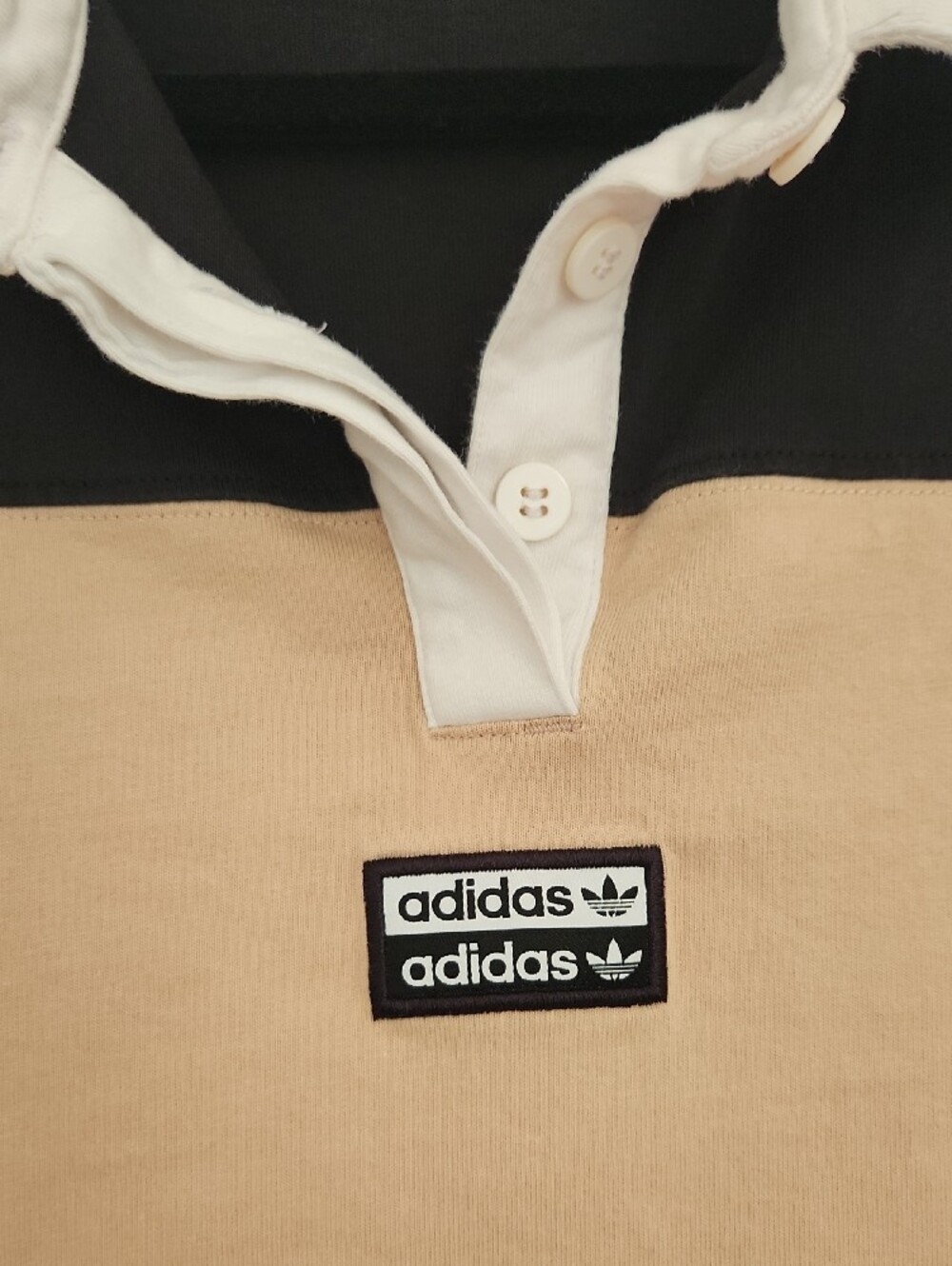 100% Cotton Athleisure adidas Beige Black Cropped Rugby Polo White Collar - Picture 3 of 6